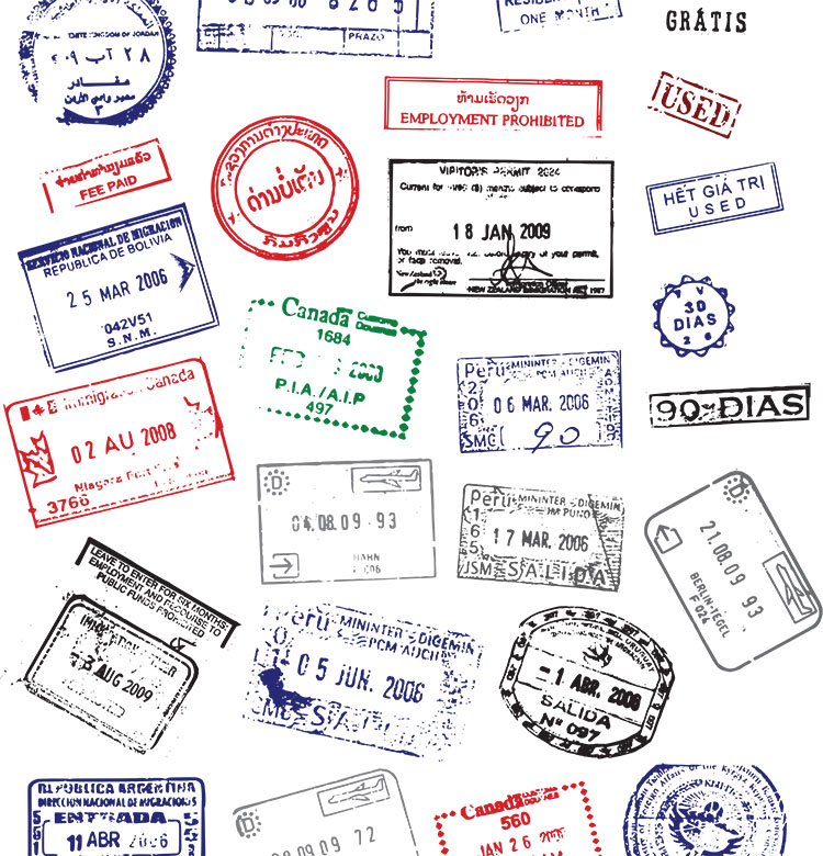 A passport page with stamps from many different countries